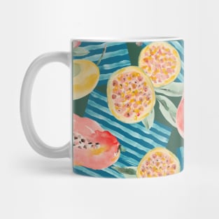 Tropical fruits: banana, passion fruit, papaya and strawberries Mug